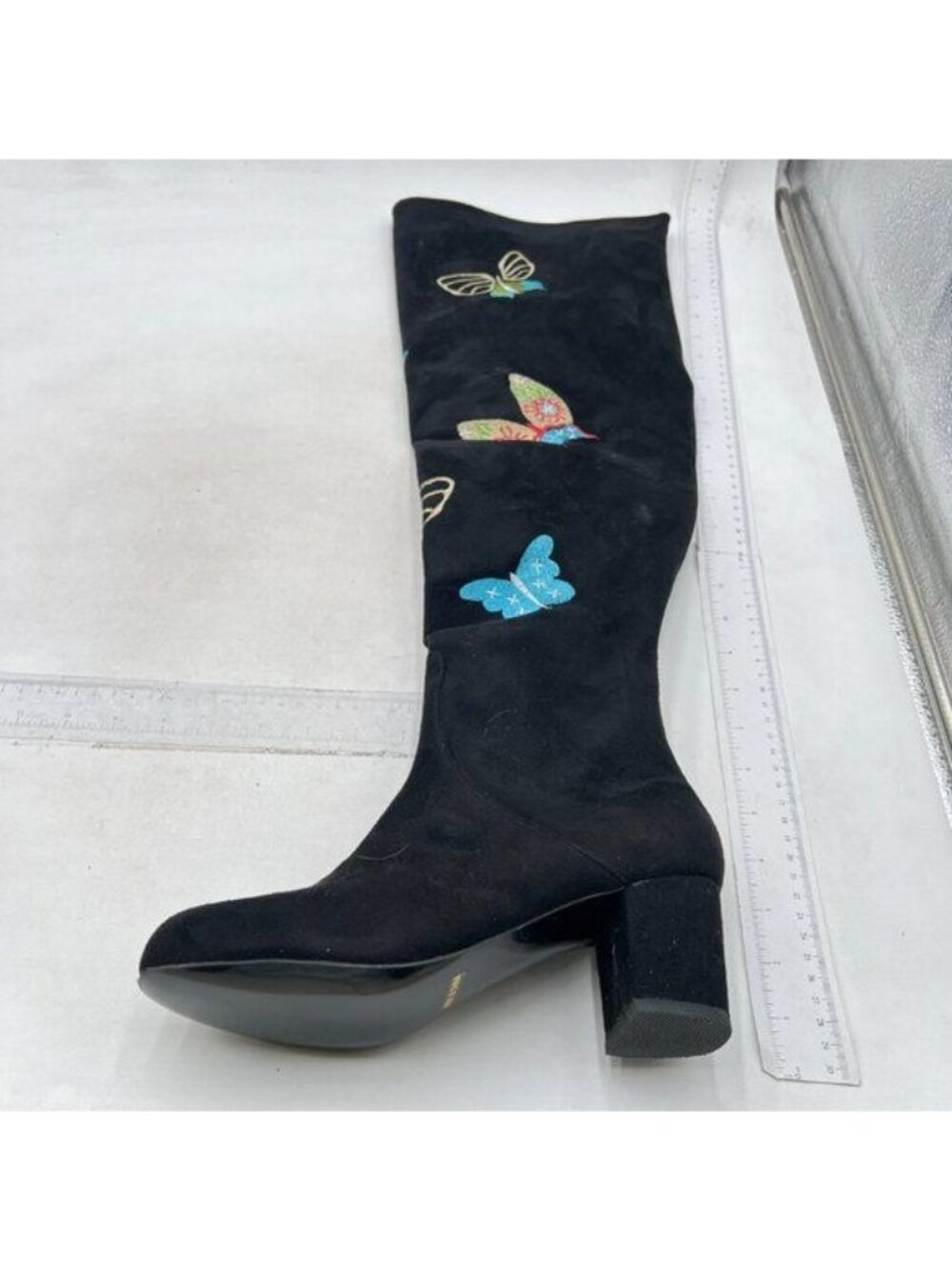 Women’s Thigh High Over the Knee Chunky Heel Long Boots Embroidered Black Suede